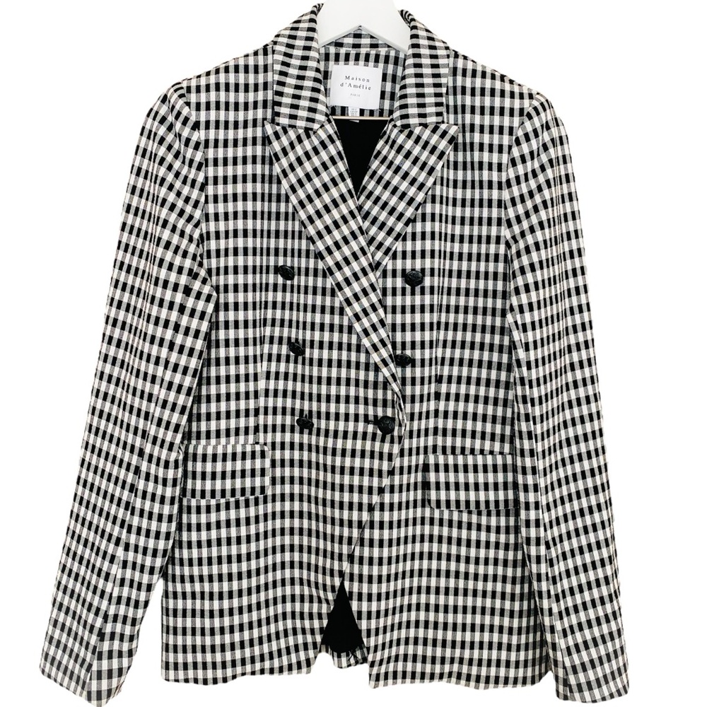 Maison d’ Amelie Black-White Classic Gingham Plaid Double Breasted Blazer Small‎